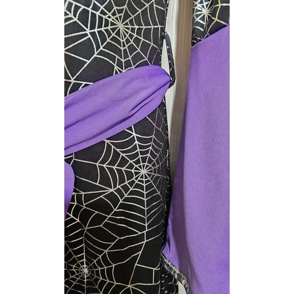 Purple Spiderweb Witch Costume Girls 10-12 Silver Black Dress Hat Halloween Glow